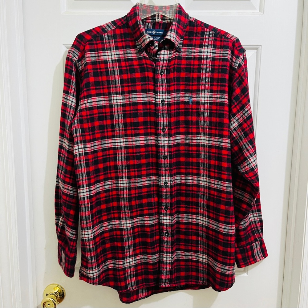 Big Boys RALPH LAUREN COTTON FLANNEL PLAID BUTTON DOWN size Large (14-16 yr) red